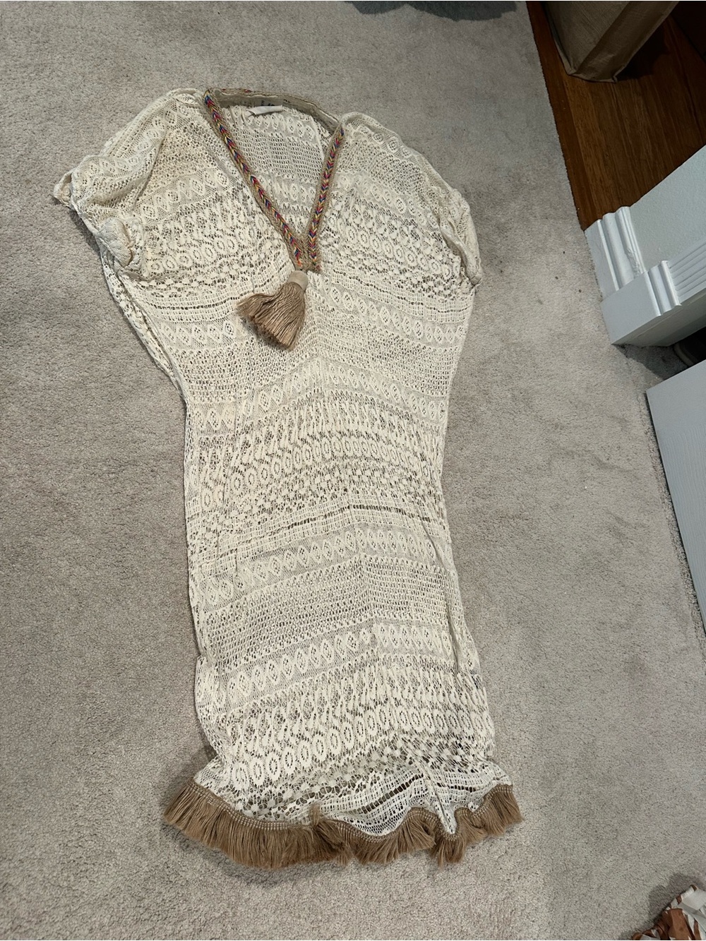 Boho Crochet Swim Coverup with Tassel Neckline - Cream